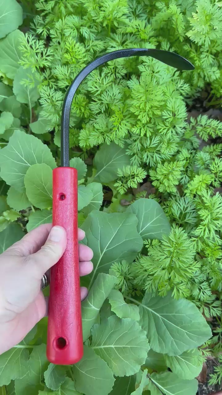 Red-handled Original CobraHead garden tool shown from different angles in front of leafy green plants